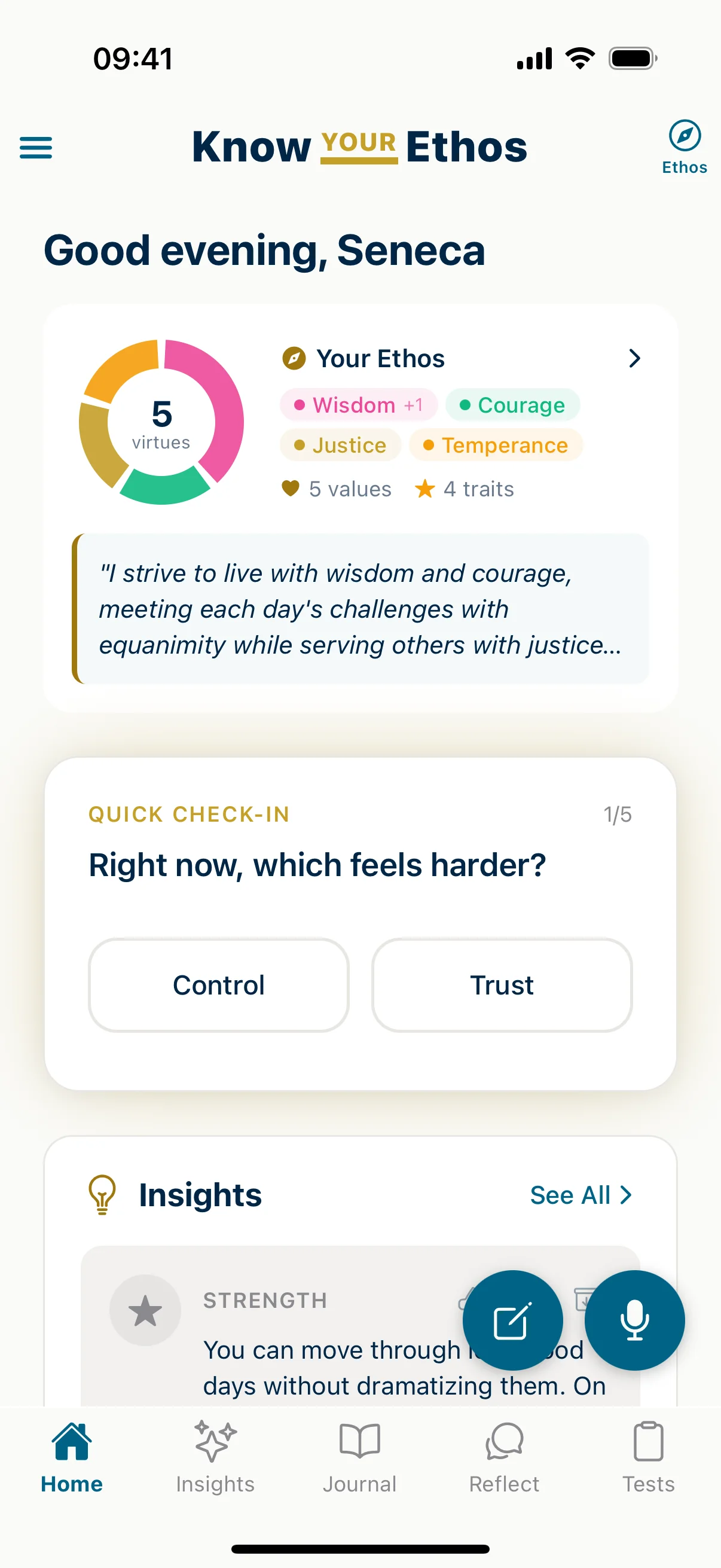 Know Your Ethos dashboard with Quick Check-In card, ethos widget, and Daimon observation