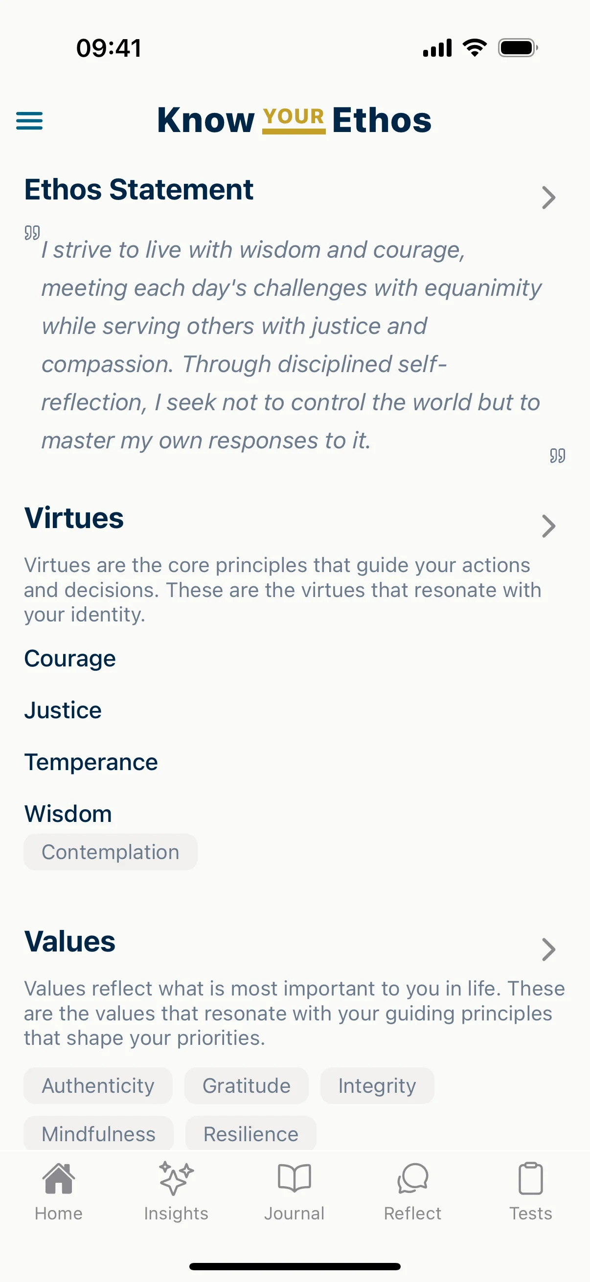 Know Your Ethos profile showing personal virtues, values, and philosophy statement